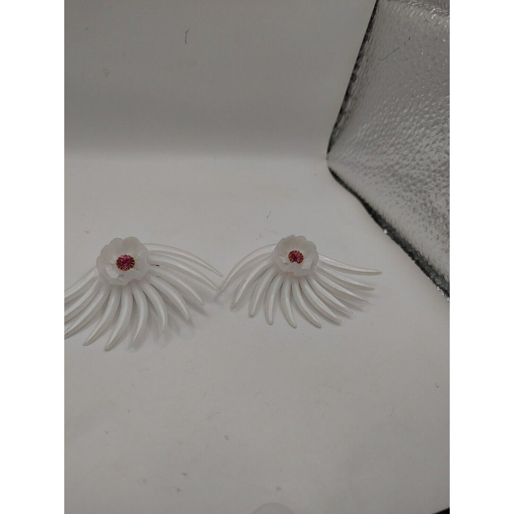 Vintage clip On Earrings White Plastic Pink Rhinestone Center  # 1